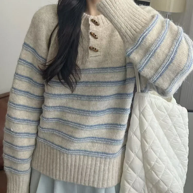

Lazy Style Cow Horn Buckle Striped Sweater for Women's Autumn and Winter New Loose Knitted Sweater Top for Women