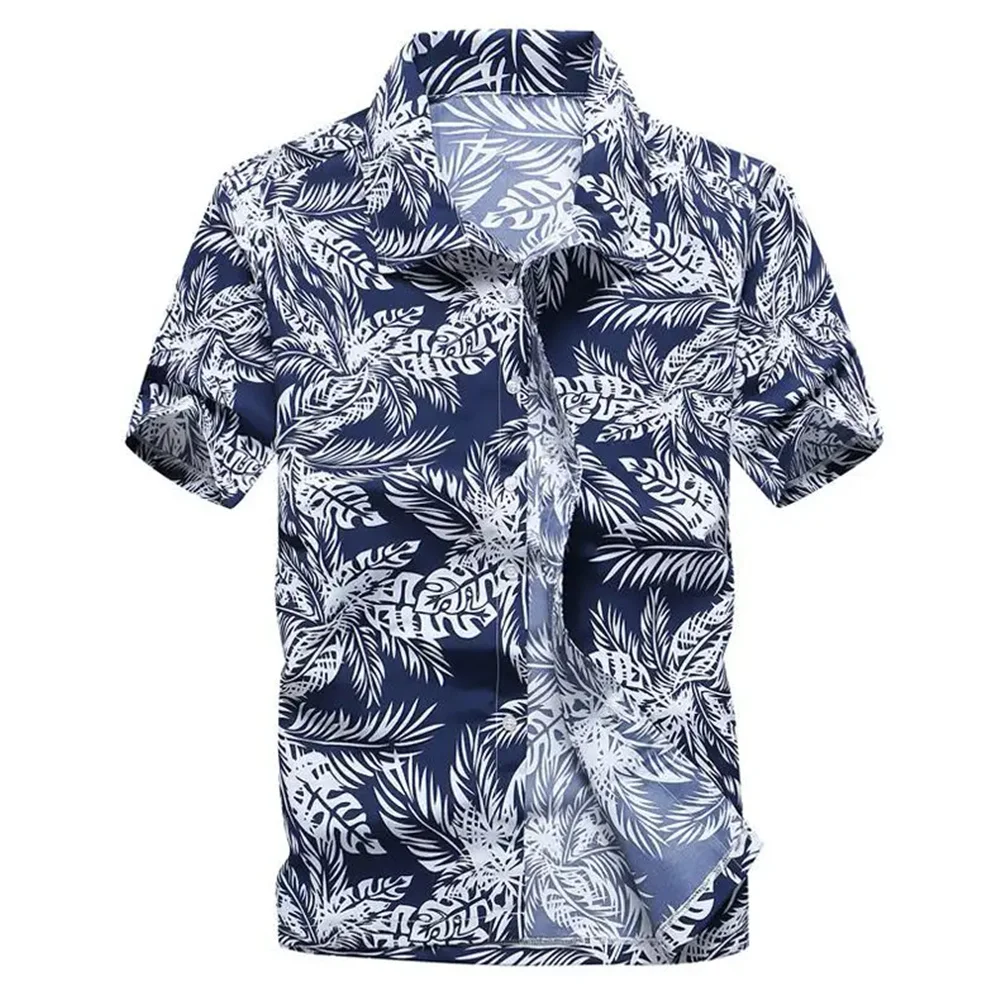 Summer Breathable Hawaiian Shirts Men Coconut Tree Printed Short Sleeve Button Down Vacation  Plus Size