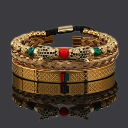 Luxury Set Leopard Head Charms Beaded Man Bracelet Stainless Steel Green Red Bangles Women Jewelry Gift