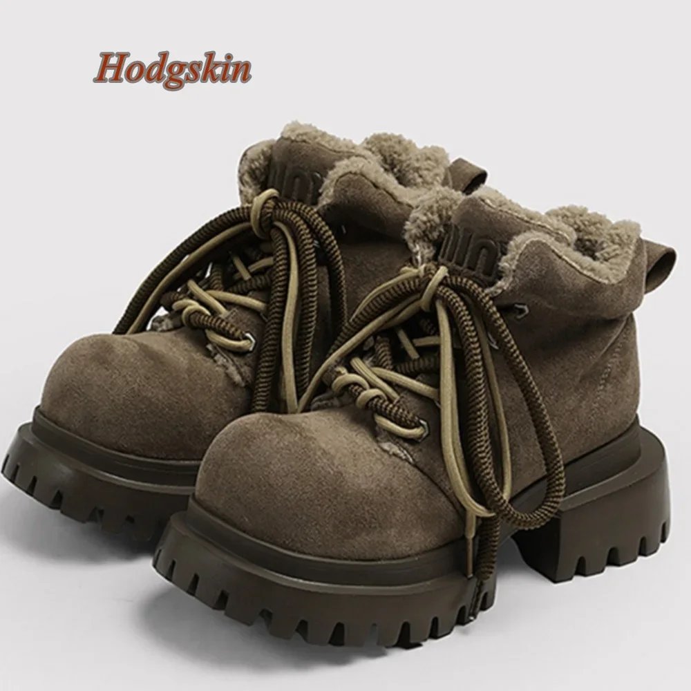 Cross Tied Round Toe Women Boots Mid Calf Chunky High Heel Solid Patchwork Boots 2025 Newest Casual Fashion Winter Snow Boots