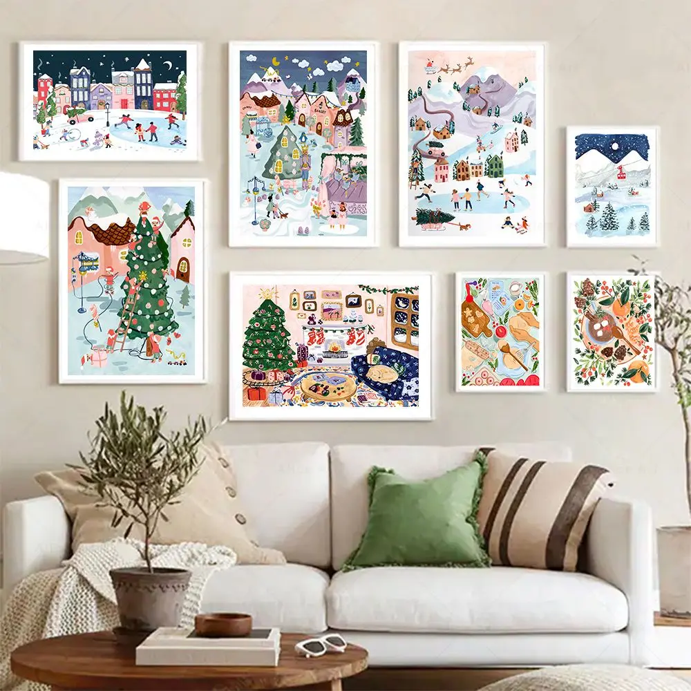Winter Village Apartments Art Print Holiday Christmas Watercolor Canvas Painting Wall Art Picture Poster for Living Room