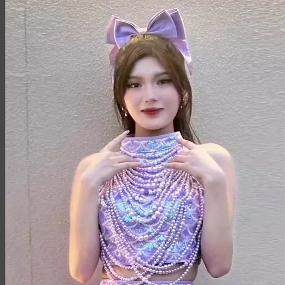 

Women Jazz Dance Hip Hop Suit Singer Stage Performance Costumes Nightclub Sexy Pearl Halter Tops Fluffy Skirt Festival Costume