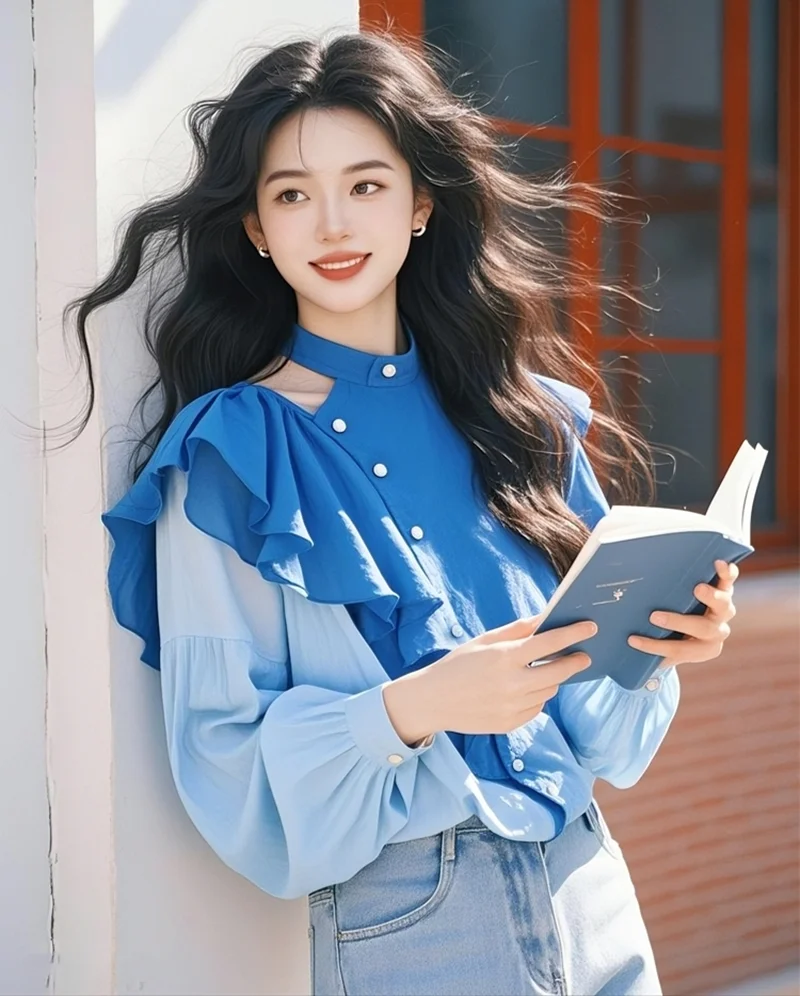 Haut en mousseline de soie pour femmes, simple boutonnage, oreilles, bord champignon, haut français, rue, automne, chemise ample d'épissure, nouvelle collection printemps