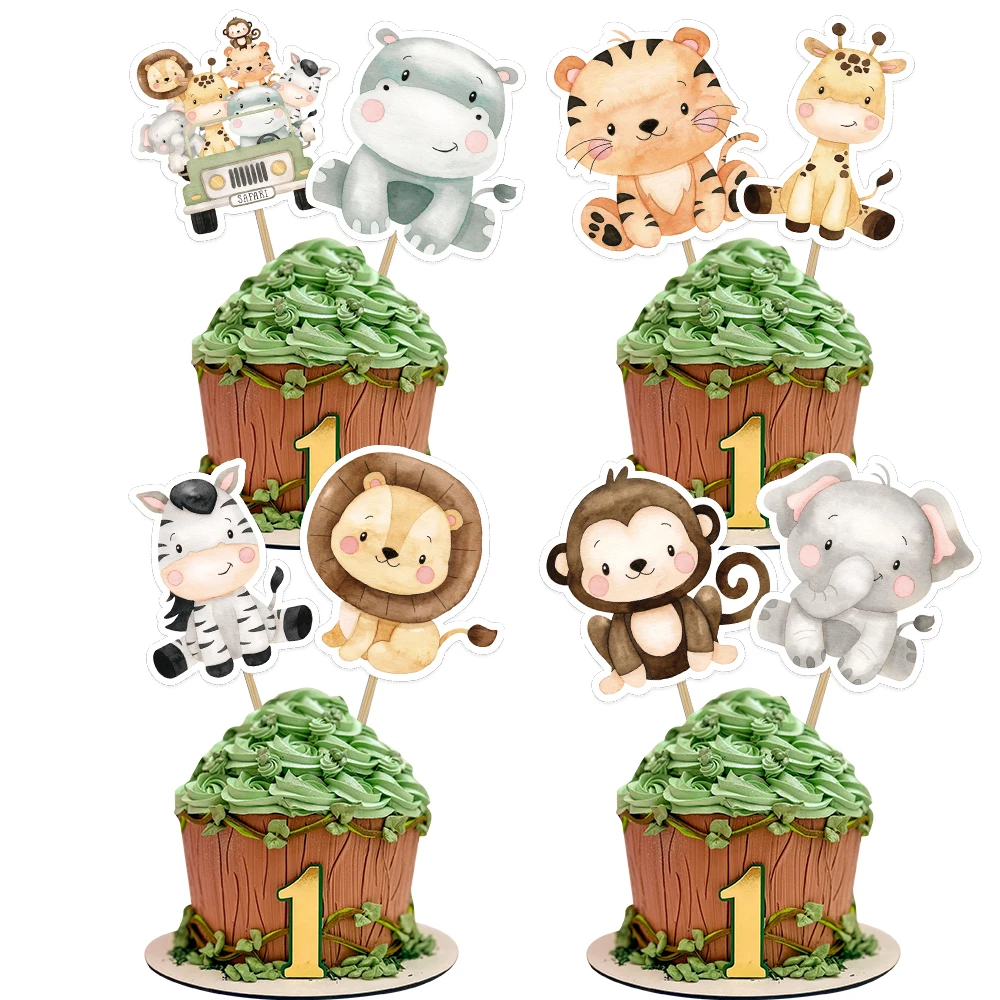 Adornos de dibujos de animales para pastel, decoración de papel para cupcakes para niños, Safari de la selva, suministros para fiestas de cumpleaños, DIY, 24 piezas