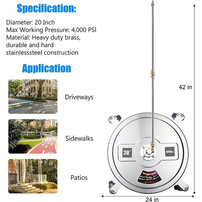 압력 와셔 표면 클리너, 스테인레스 스틸, 헤비 듀티, 4000PSI 2 압력 와셔, 연장 완드 부착물, 20 인치, 4 바퀴