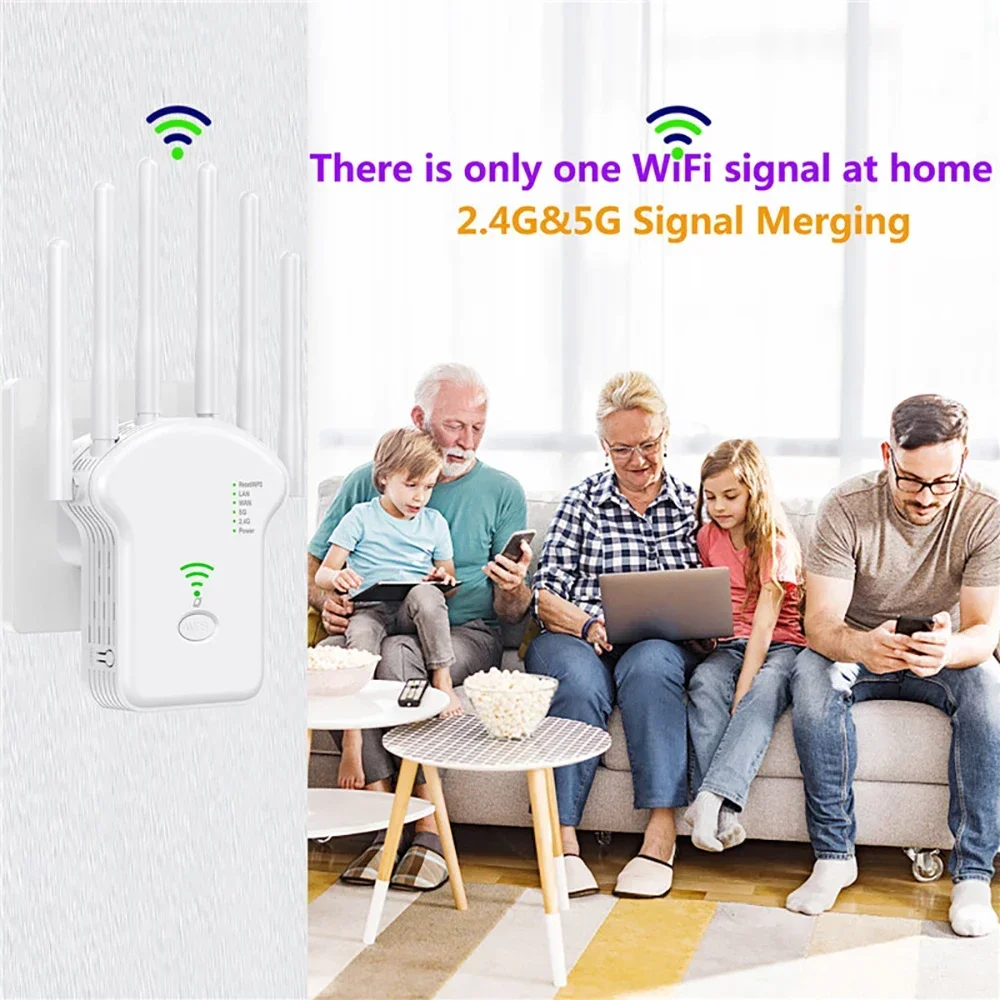 1200Mbps WiFi Repeater Wireless WiFi Router Dual-Band 2.4G 5G WiFi Extender 6 Antenna Network Amplifier WPS WiFi Signal Repeater