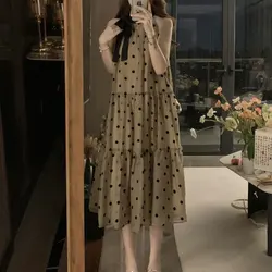 Summer Sweet Polka Dot Halter Dresses Stylish Drawstring Bow Female Clothing Loose Casual Sleeveless A-Line Spliced Long Dress