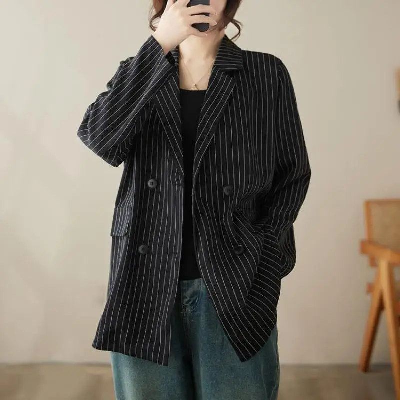 

2024 Spring Autumn New Korea Fashion Women Long Sleeve Loose Striped Blazers Double Breasted Casual Blazer Coat Female