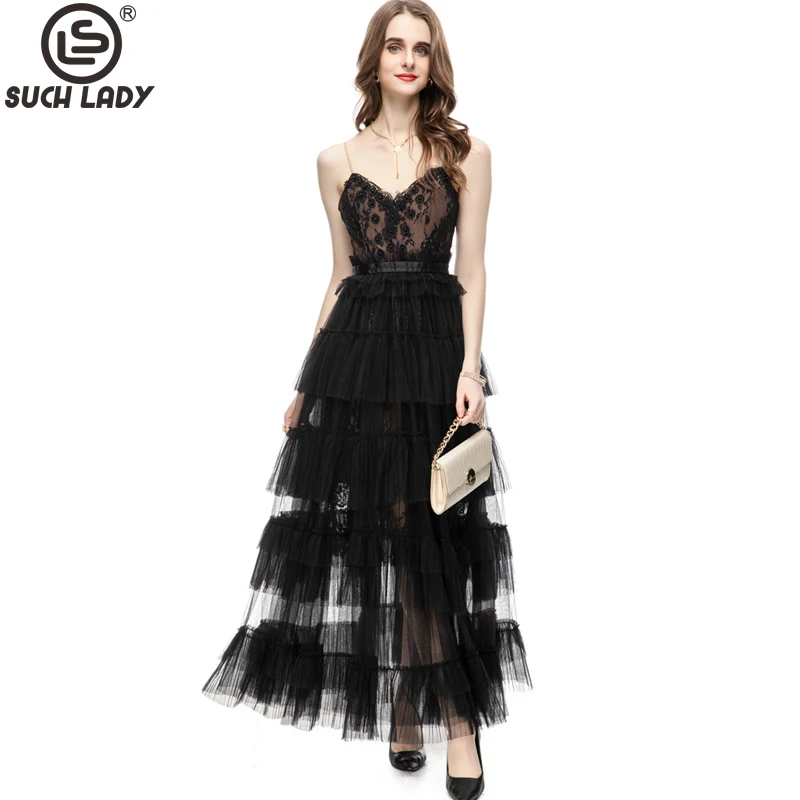 

Women's Runway Dresses Spaghetti Straps Embroidery Bodice Patchwork Tiered Ruffles Fashion Party Prom Gown