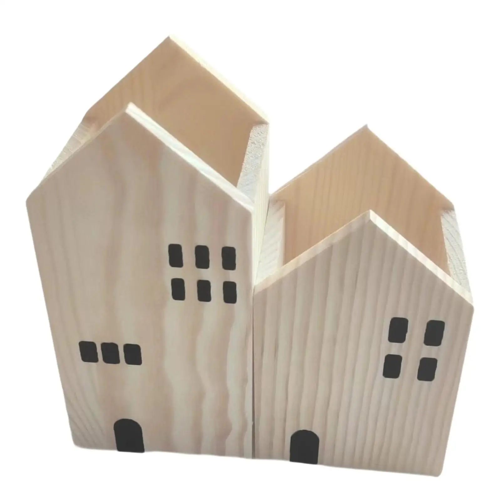 Wood House Shape Pen Pencil Holder Space Saving Versatile Desktop Organizer