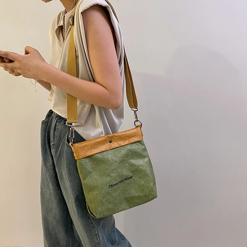 Women Fashion Handbags Vintage Shoulder Bag Tear-resistant Kraft Paper Messenger Bag Female Bucket Shoulder Bag