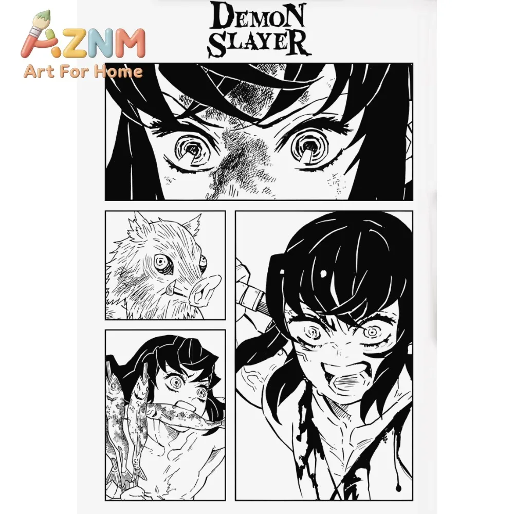 AZNM Demon Slayer Anime Black White Manga Panel Collage Canvas Wall Art Frameless Print Poster for Home Bedroom Living Room Wall