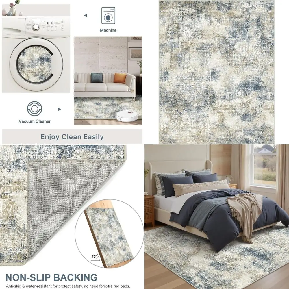 

8x10 Modern Printed Area Rugs for Living Spaces, Soft Indoor Carpets with Non-Slip Rubber Backing, Gray, Beige, and Blue