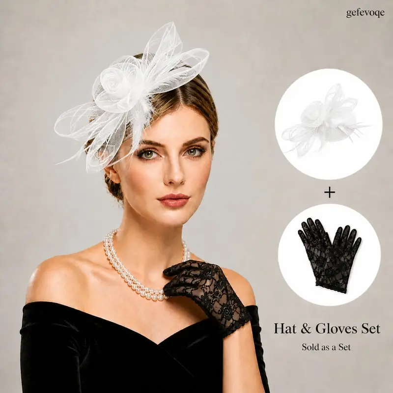 

2PCS Womens Formal Fascinator Hat with Lace Gloves Set Elegant Mesh Flower Veil Headwear for Bridal Derby Tea Party Accessory