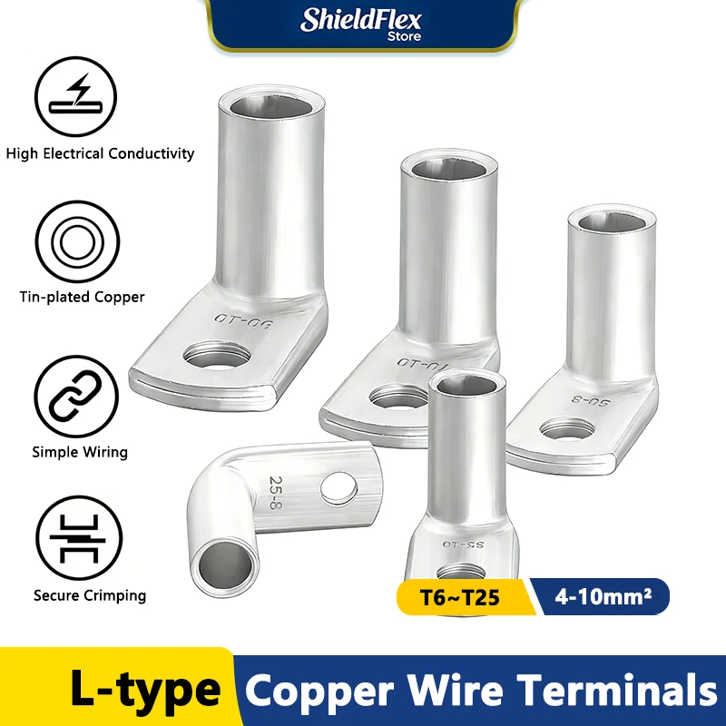 

Tinned Copper Crimp Connector Terminals T6-T25 for 4-10mm² Wires (5-200 Pcs) Connectors Terminals Right Angle L-Type Cable Lugs