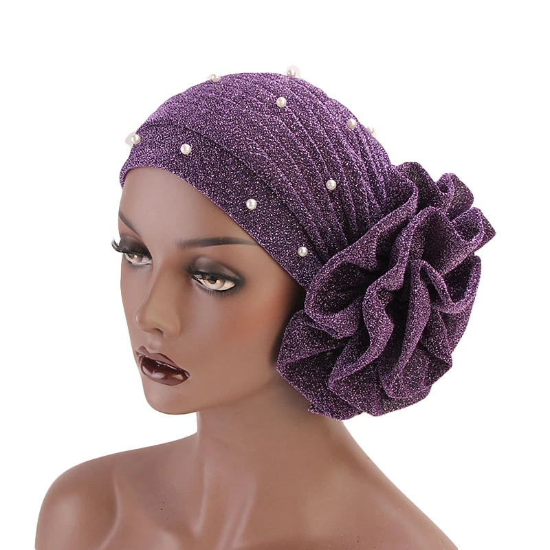 New Glitter Flower Turban Caps Women African Headwrap Pearl Muslim Hijabs Bonnet Chemo Cap Hair Loss Turban Headscarf Indian Hat