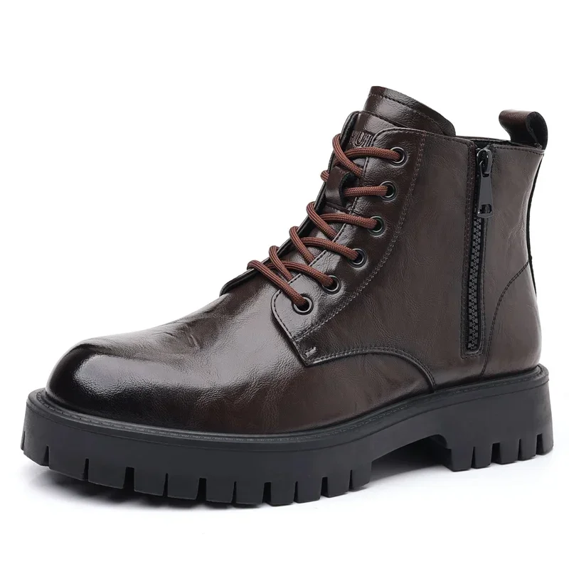 MEN Shoes 2023 High Quality Lace Up Zipper Men\'s Boots Winter Round Toe Solid Plush Warm Platform Water Proof Fashion Boots