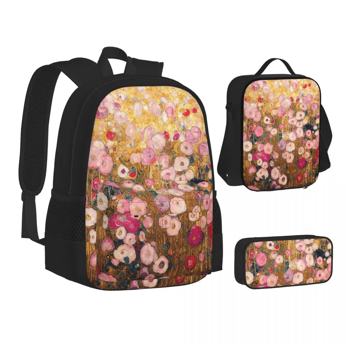 Gustav Klimt Pink Flower Garden Backpacks Students Bookbag School Bags Kids Rucksack Lunch Bag Pen Bag Three-Piece Set