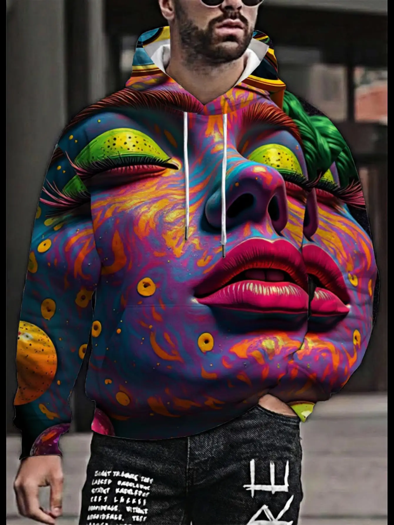 Men Psychedelic Colorful Abstract Face Art Print Hoodie Drawstring Pocket Long Sleeve Casual Pullover Sweatshirt