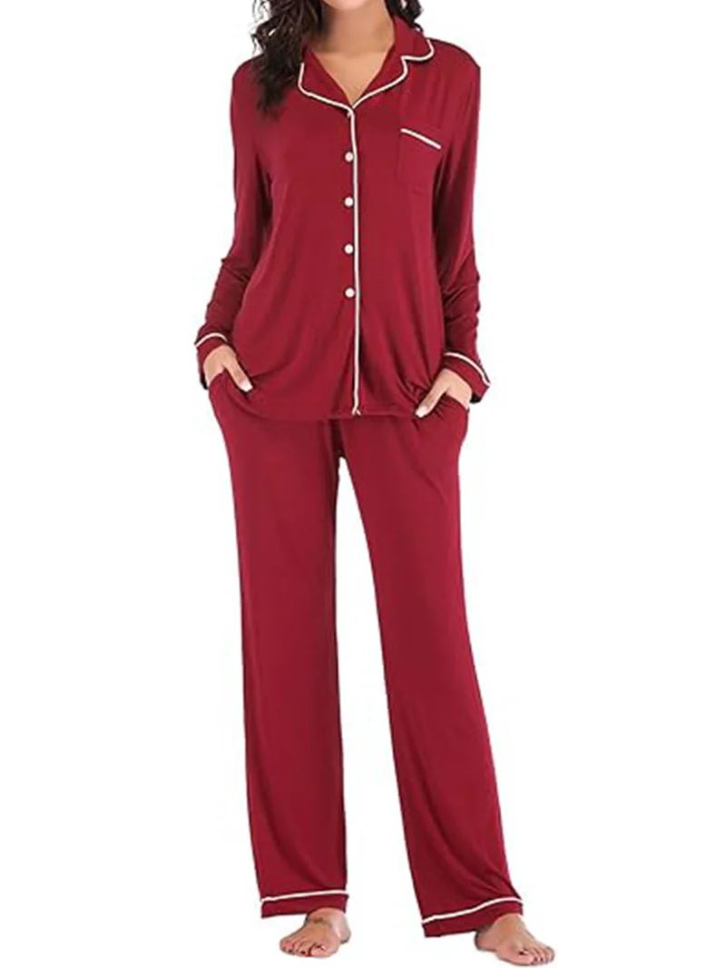 

Modal Cardigan Pocket Pajama Set, Long Sleeve Button Lounge Pajamas, Cozy Homewear Sleepwear Set, Women Nightwear Outfit