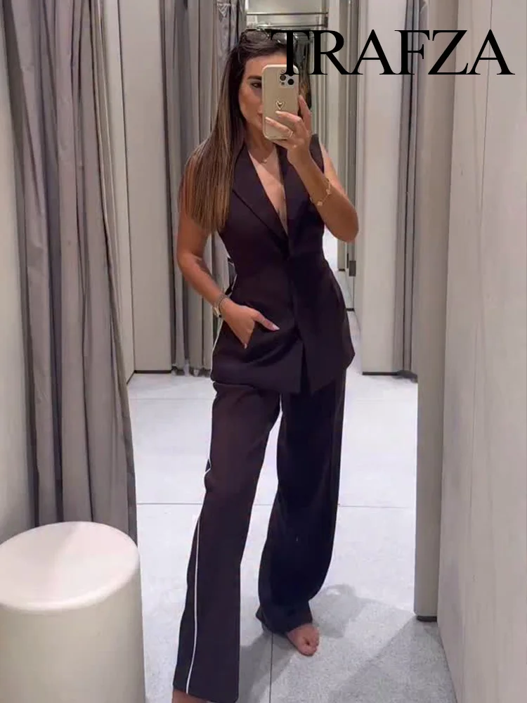 

TRAFZA Women 2-Piece Set Single-breasted With Belt Solid Sleeveless Side Stripe Decoration Vest+Summer Straight Leg Pocket Pants