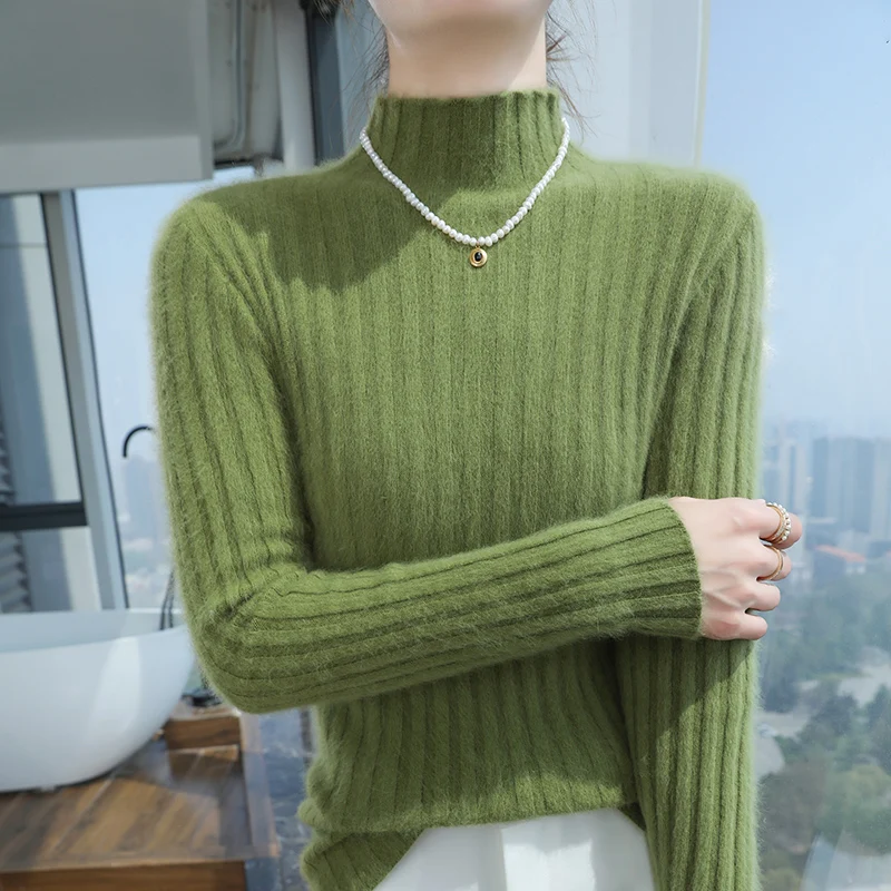 Women\'s Slim Fit Cashmere Sweater, Autumn And Winter Thick 100% Mink Fur Knitted Sweater, Semi High Neck Slimming Clothing DBR12
