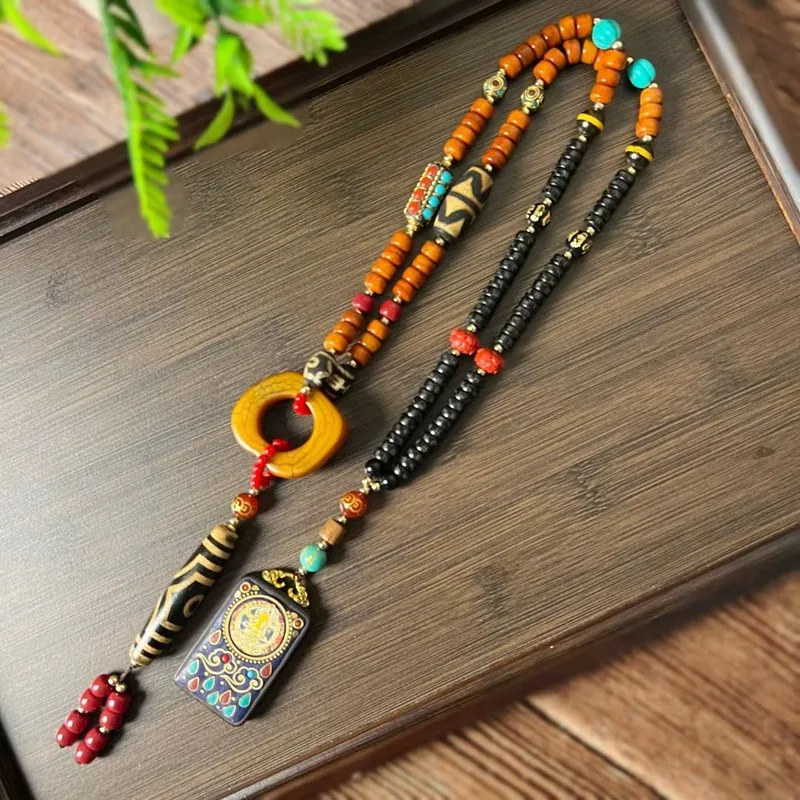 Tangka jewelry ethnic style agate three-eyed necklace, ivory Tibetan dzi bead Nepal long sweater chain