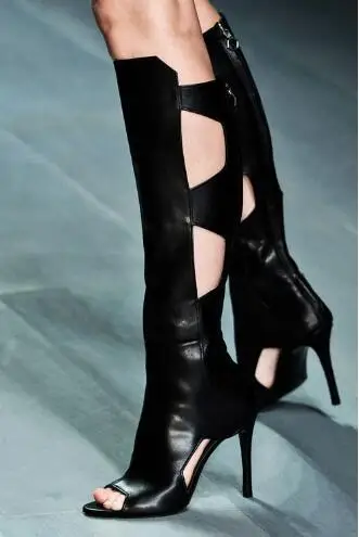 

Drop Shipping Women Fashion Black Leather Cuts Out Hollow Peep Toe Thin Heels Knee High Sandals Boots Slip On Zipper Side Boots