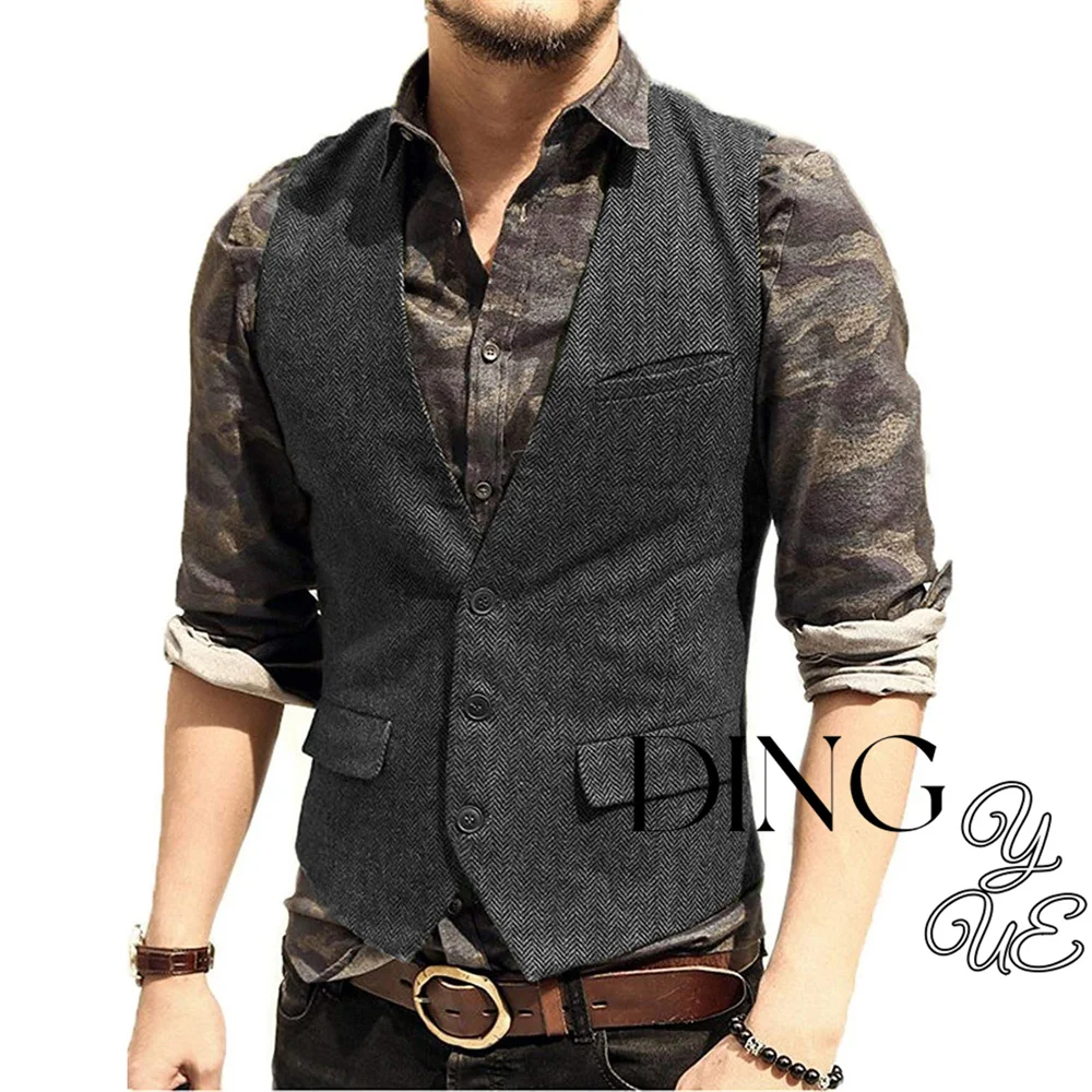 Victorian Steampunk Men Suit Vest V Neck Jacket Herringbone Tweed Flip Pocket Business Waistcoat Wedding Groomman Clothing