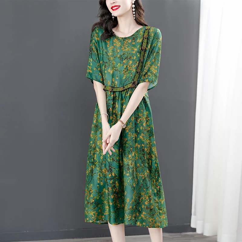 

Summer 2023 Women Dress Elegant Floral Spring Three Quarter Sleeve Vestidos Chinese Vintage Print Faux Silk Dresses High Quality