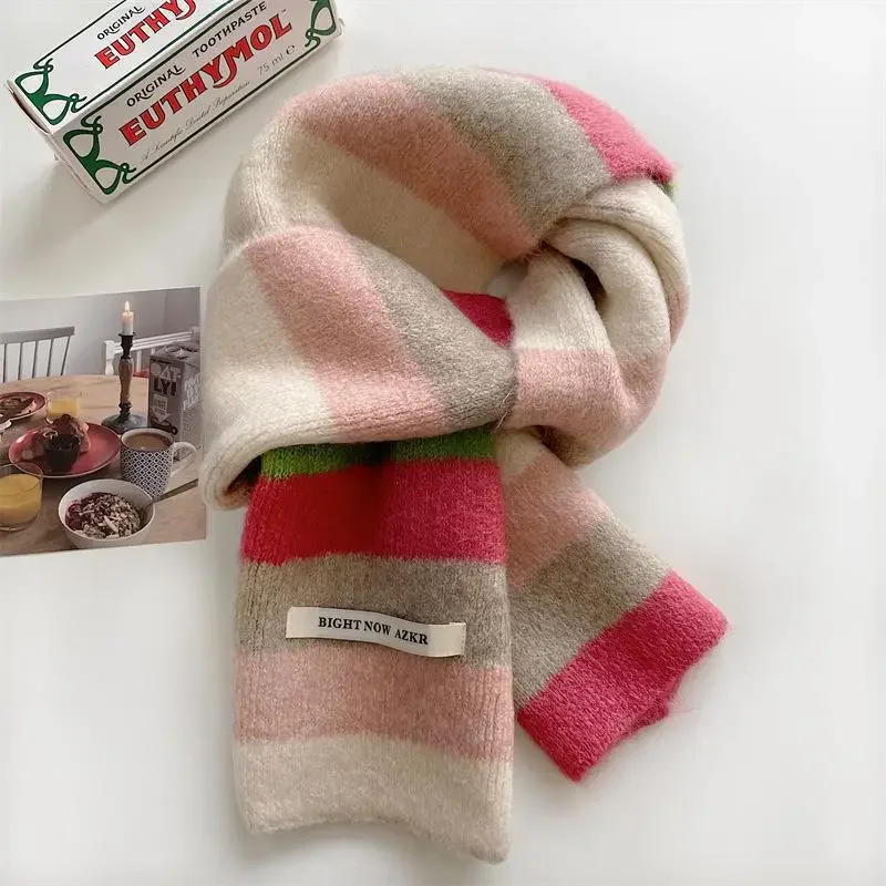 Rainbow Stripes Mohair Scarf Men And Women In Winter Colour Blocking Stripes Wool Short Scarf Students Warm Short Scarf