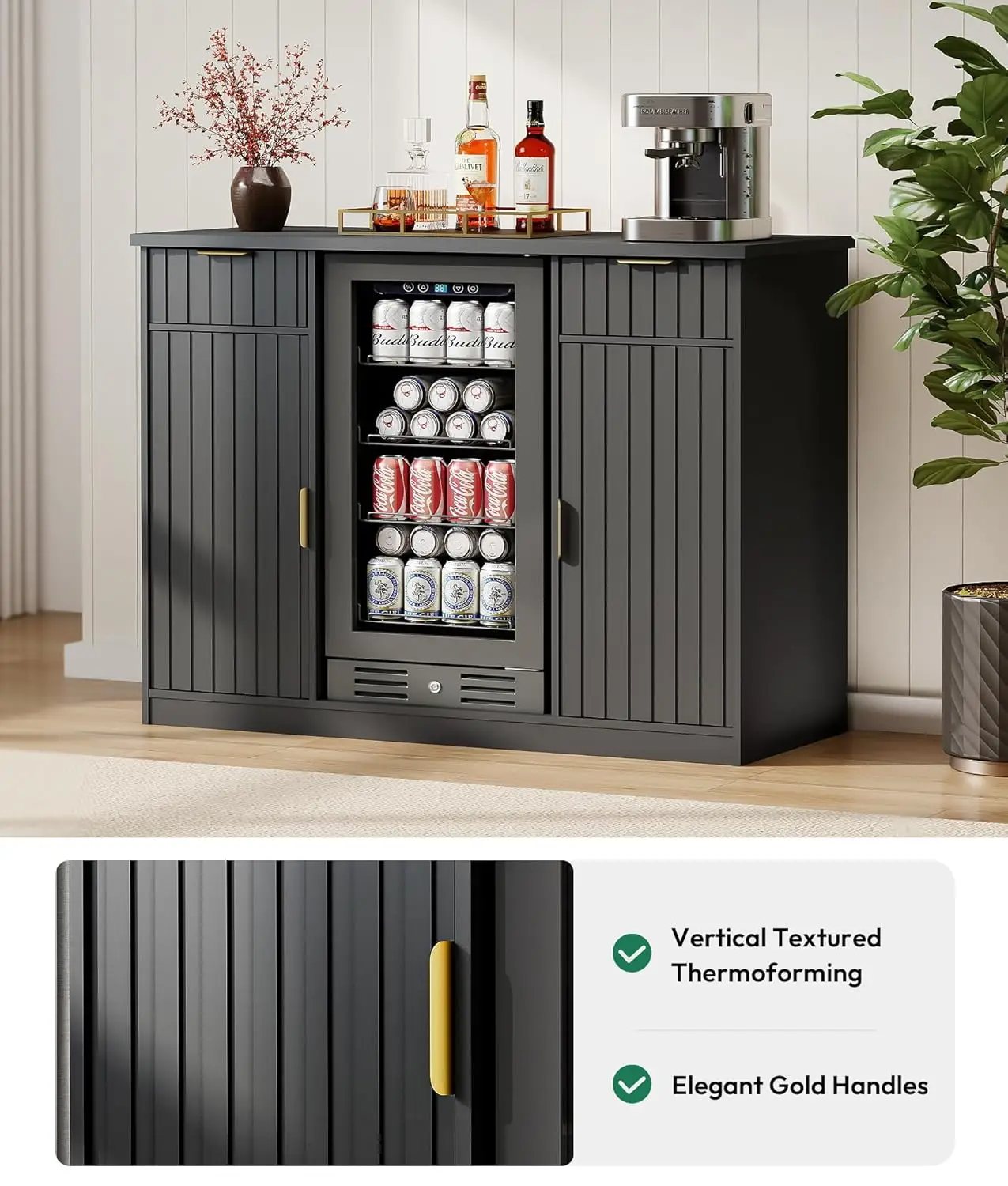 53인치 플루티드 커피 바 캐비닛 (냉장고 공간 포함) - 와인 바 캐비닛 (서랍 및 도어 수납공간 포함), 미니 냉장고 스탠드 (전원 콘센트 포함)