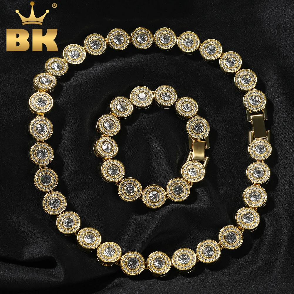 TBTK NE+BA Round Cut Link Zinc Alloy Mens Necklace & Bracelet Set Full Bling Iced Rhinestones Hiphop Jewelry