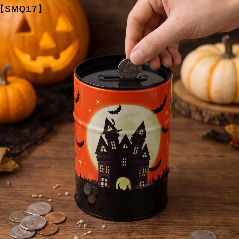 Halloween Metal Piggy Bank With Spooky Haunted House Bat Print For Kids Coin Saving Gifts【SMQ】