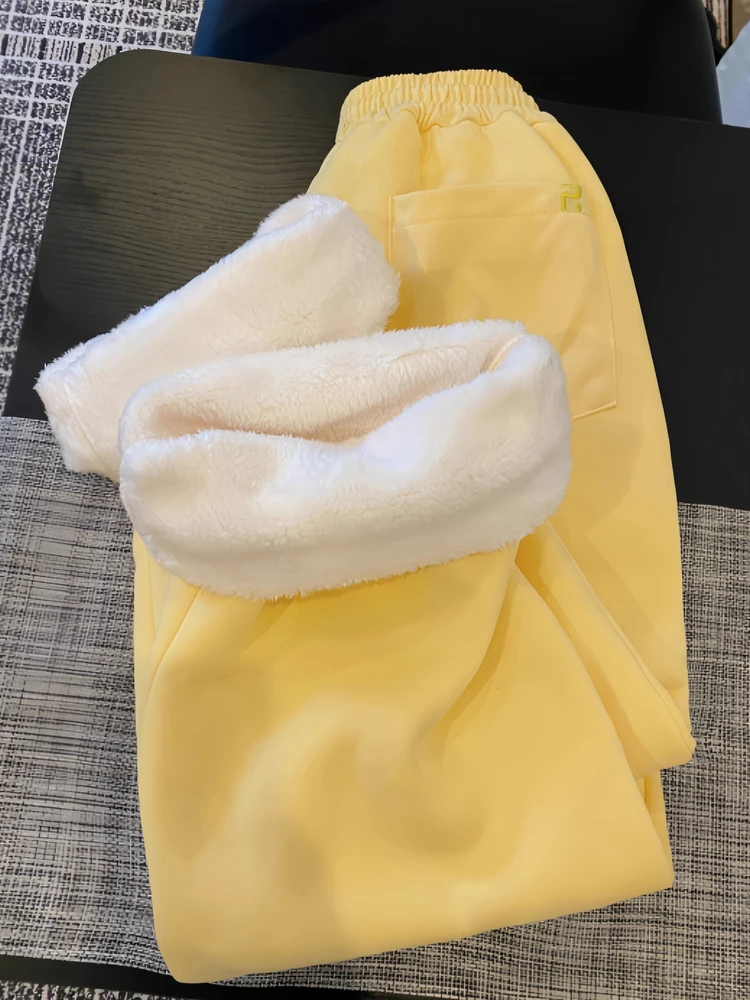 

Yellow Lamb Velvet Wide Leg Pants Women's Autumn Winter Thickened Fleece Lined Lazy Pajama Pants Cotton Sports Sweatpants Cas...
