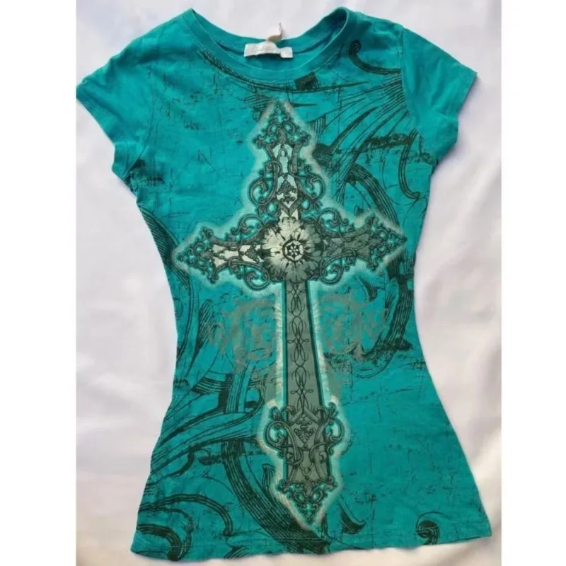 

Japanese Vintage Subculture Cross Print T-shirts Women's Slim-fit Punk Retro Short Sleeve Tees New Y2K Harajuku American Tops