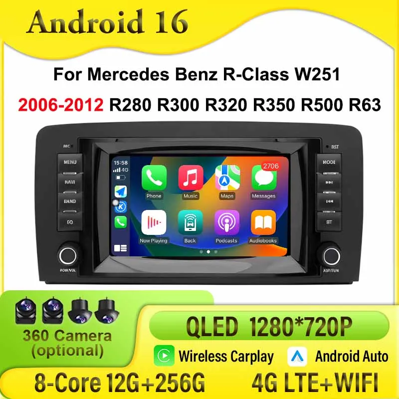 7 inch Android 16 Car Radio For Mercedes Benz R-Class W251 2006-2012 R280 R300 R320 R350 R500 R63 Multimedia 4G CarPlay Screen