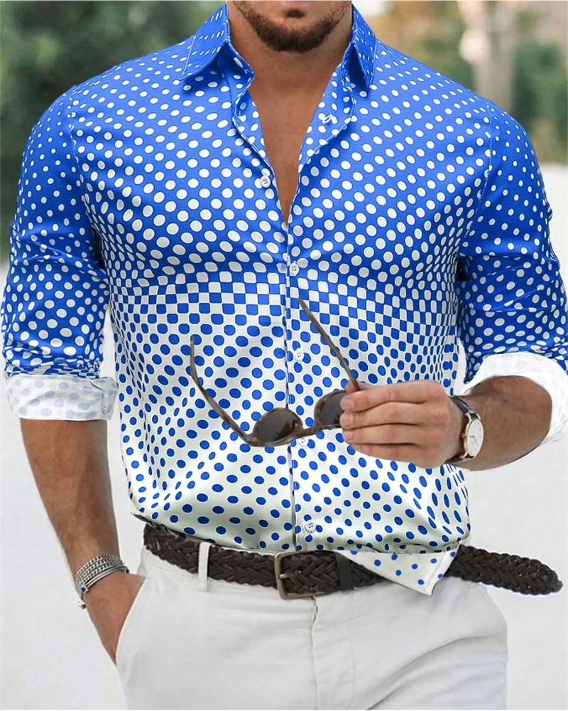 Abbigliamento da uomo alla moda camicia da uomo a pois con risvolto con bottoni camicia hawaiana estiva camicia a maniche lunghe per le vacanze di strada