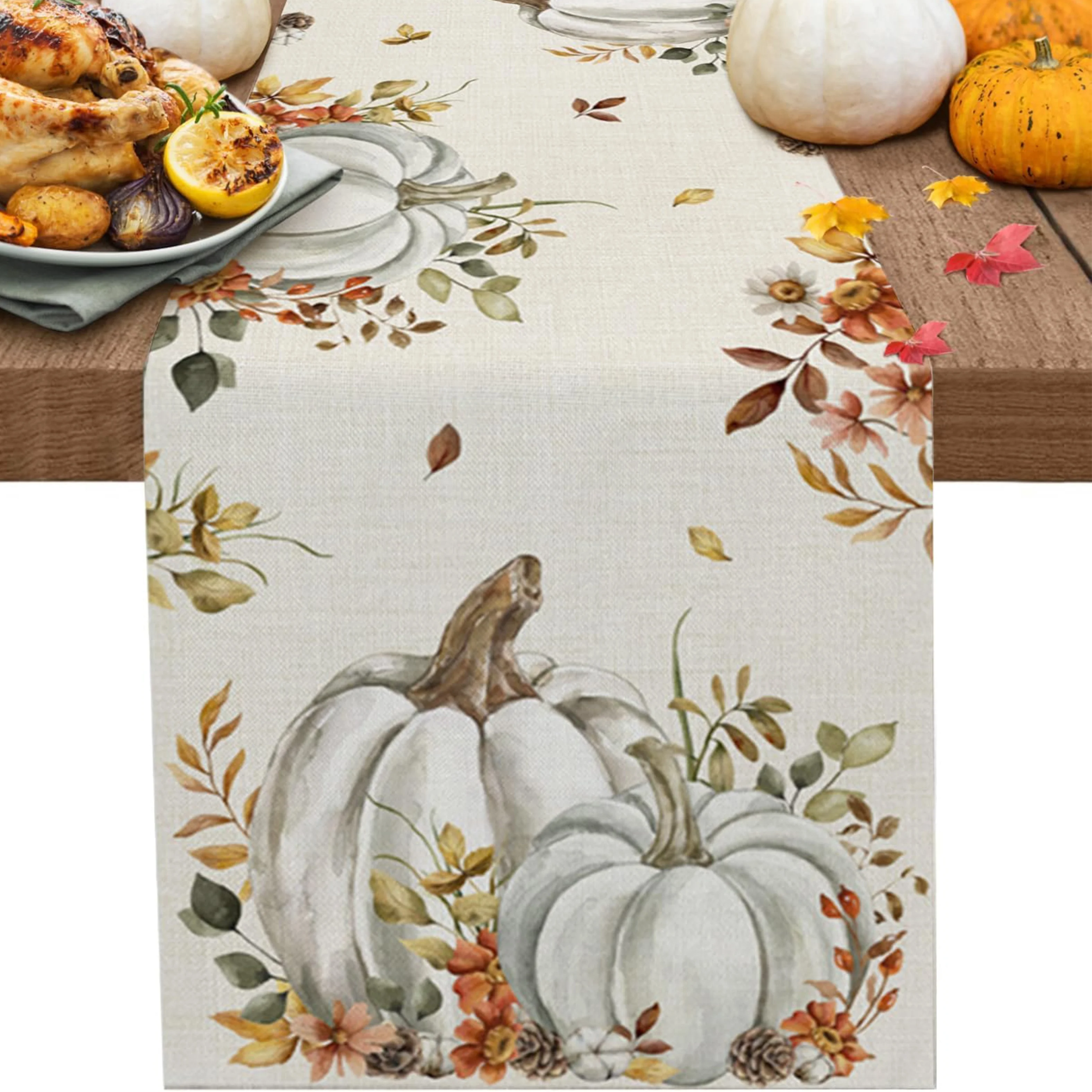 

Цельная осенняя пасторальная дорожка для стола, окрашенная в белом фоне акварелью, белая тыква, цветок и лист, подходит для ресторана, дома, урожайного ужина, украшения в пасторальном стиле.