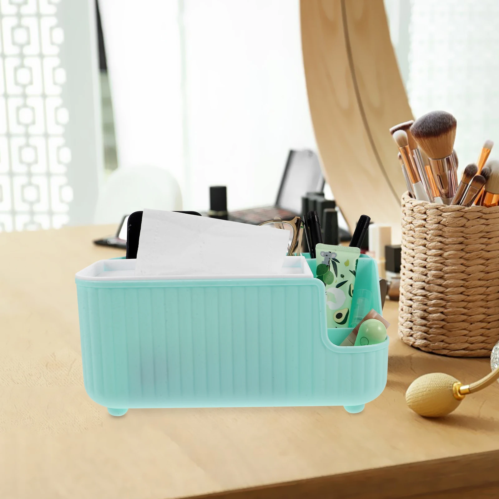 

1pcs Multifunctional Tissue Box Storage Organizer For Desktop Bathroom Living Room Remote Control Holder Makeup Brush Stationery