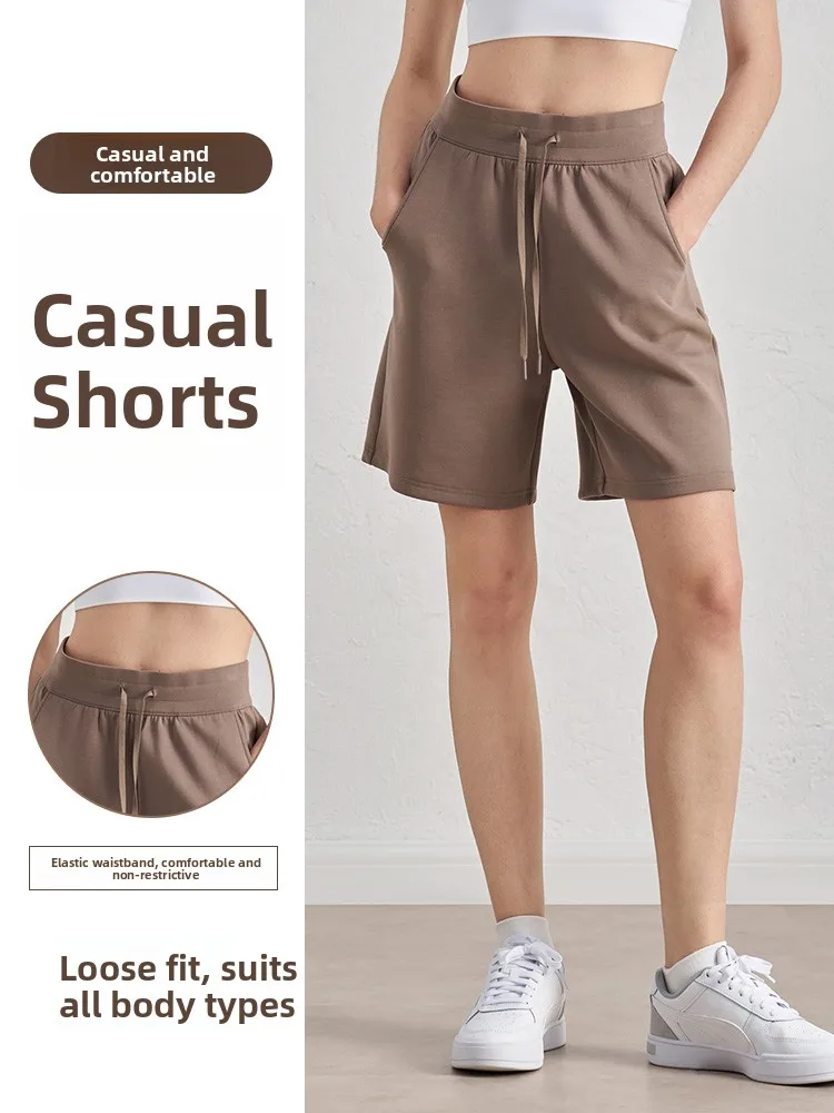 Calças de fitn femininas soltas cintura alta dstring ao ar livre casual calças de corrida cinco quartos comprimento spor calças de perna reta