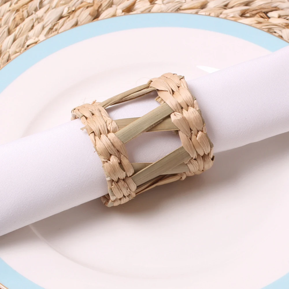 6pcs Rural Style Napkin Rings Natural Straw Corn Husk Water Hyacinth Grass Bamboo Rattan Buckle Table Cloth Holder Eco-friendly