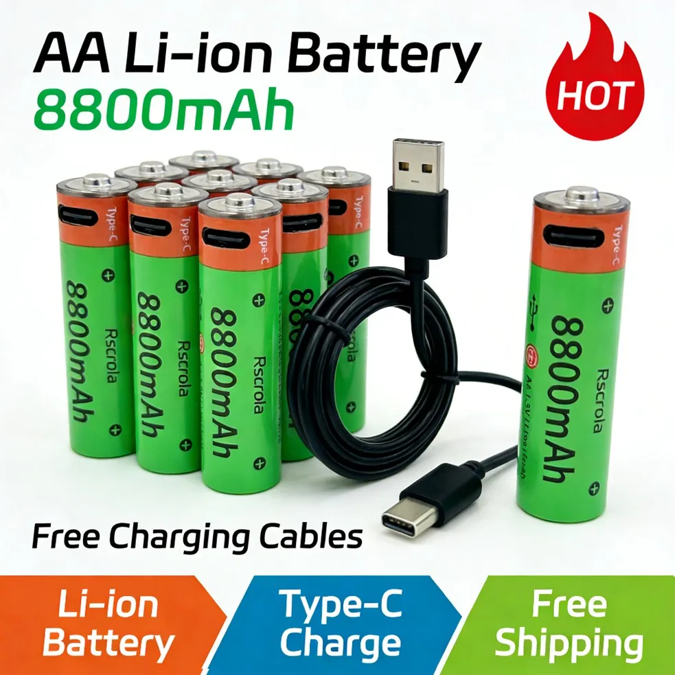 Economical AA Rechargeable Battery 8800mAh 1.5V Li-ion Double A Batteries Type-C Fast Charge Long-life for Home&Office Devices