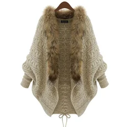 Women Cardigan Sweater Thick Poncho Capes Autumn Winter Femme knitted Bat Sleeve Fur Collar Wool Sweater Knitted Long Cardigan