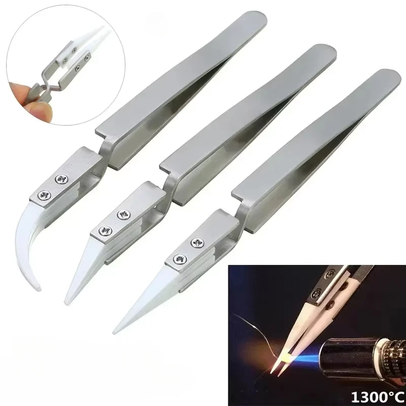 1/3Pack Ceramic Straight Tip Electronic Soldering Tweezers, Anti-Static Reverse Acid Resistant Precision Chuck Ceramic Tweezers