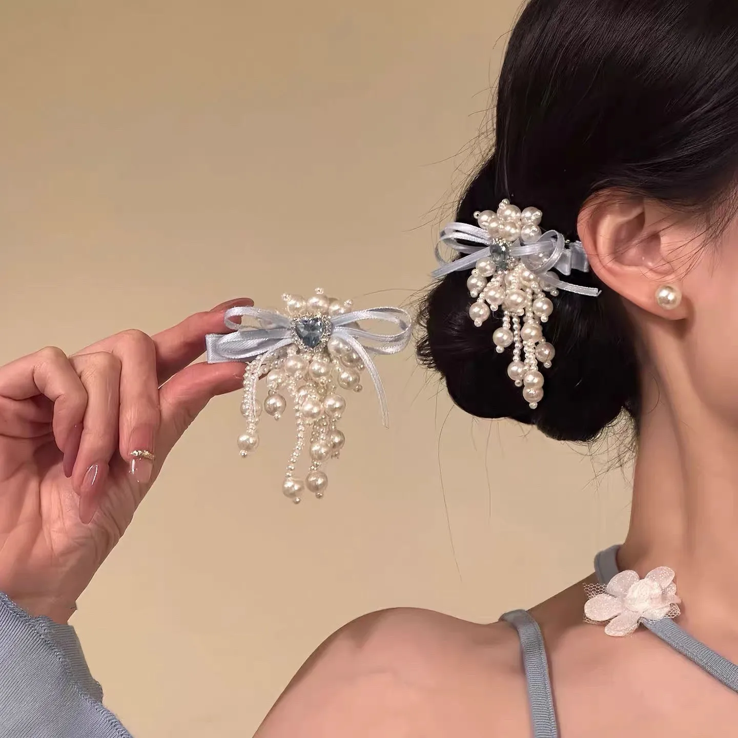 [Pink Sweet Peach] Exquisite Bow Hair Clips, Rhinestone Pearl Tassel Hair Clips, Stylish Unique Pearl Hair Clips