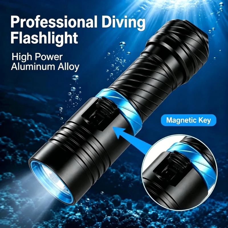 Powerful Scuba Diving Flashlight IPX8 Waterproof LED Spotlight Magnetic Switch Underwater Cave Dive Light For Night Dive