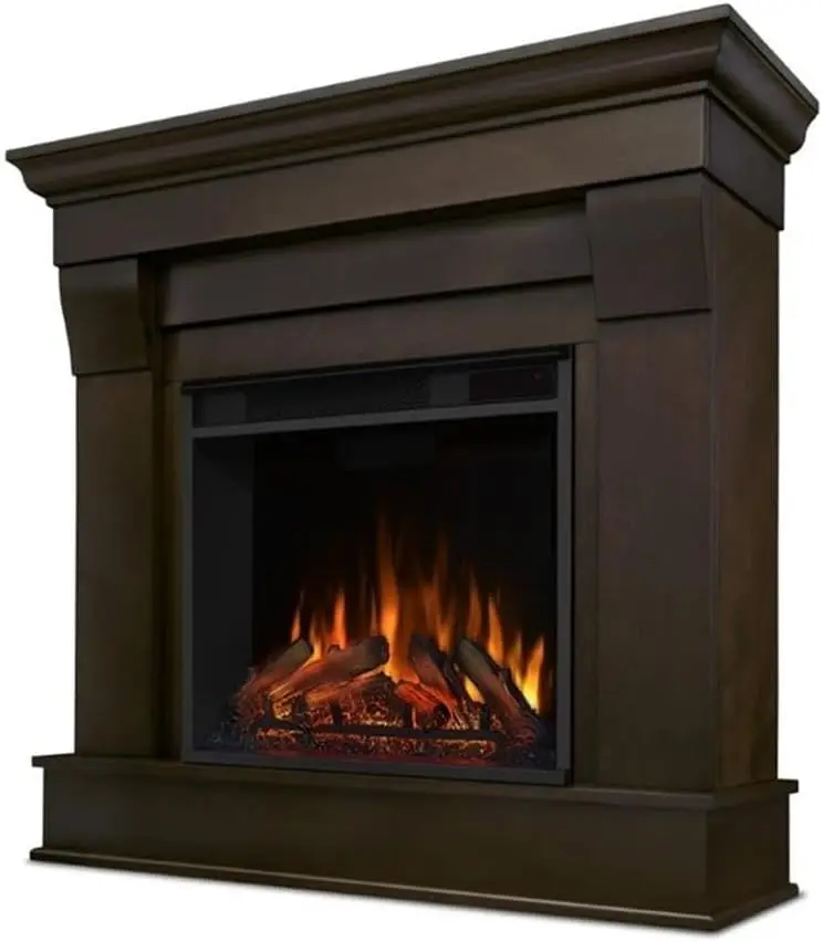 Traditional Solid Wood Indoor Electric Fireplace Mantel Heater with Remote Control, Adjustable Led Flame, 1500W in Dark Walnut