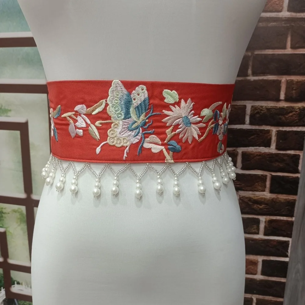 ‌Hanfu Embroidered Waistband - Heavy Duty Silk Sash, Stage Costume Belt, One-Piece Floral Obi for Traditional Dress Accessories