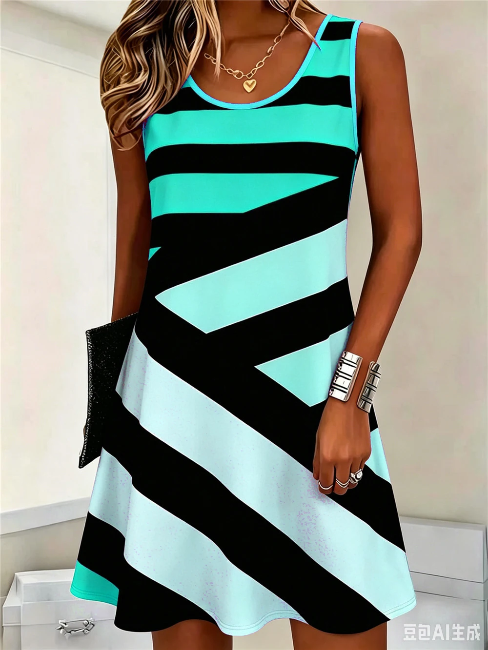 Fashion Gradient Striped Pattern Women Mini Dresses Summer Sleeveless 3D Printed Ladies Street Dress 3XL Big Size Casual Dress